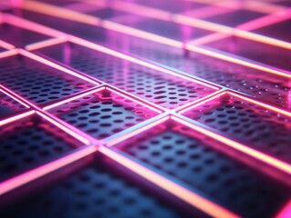 Wall Mural - futuristic neon grid with vibrant purple and blue glowing lines.