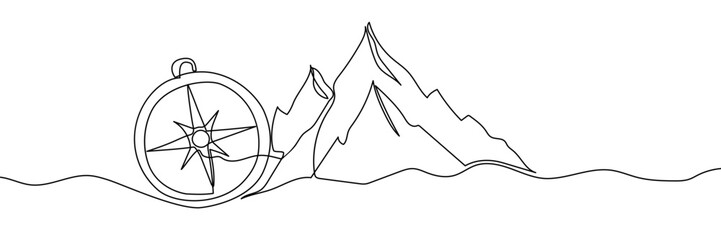 One continuous line drawing of traveller compass. Old navigate and adventure symbol in simple linear style. Business strategy and adventure concept in editable stroke. Banner vector illustration