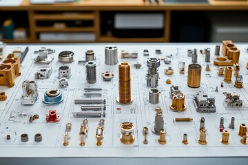 Poster - A table covered in various small metal parts and components for manufacturing.