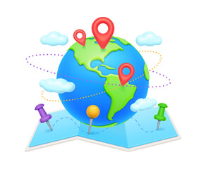 Wall Mural - cartography navigation map, connected gps points in 3d design. vector atlas with destination markers