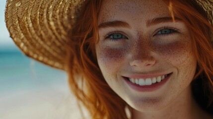 Poster - A woman with red hair and freckles is smiling and wearing a straw hat