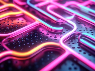 Wall Mural - vibrant neon lines on a dark surface, showcasing modern art design.