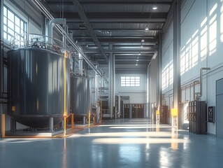 Aufkleber - A wide shot of a large, modern industrial facility with stainless steel vats, pipes, and equipment.  The facility is clean, well-lit, and spacious, with large windows that allow in natural light.