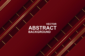 Poster - Abstract background with luxury glossy golden lines pattern on red backdrop. Wallpaper with glowing gold geometric stripes with elegant burgundy texture for celebration template. Vector illustration