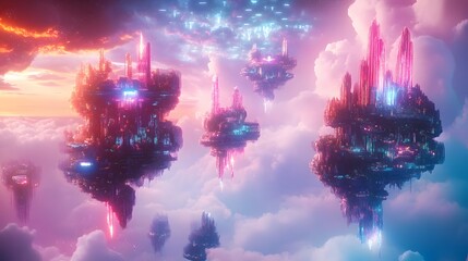 Wall Mural - A dreamlike sci-fi landscape of floating islands connected by light beams, each island adorned with abstract architecture and surrounded by swirling, colorful clouds. No text, no logo, wide angle