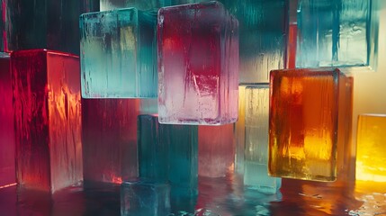 Aufkleber - An abstract composition of glassy, floating cubes layered in a digital void with soft, colorful reflections, creating a dreamy, futuristic space. No text, no logo, wide angle shot, 4k resolution,