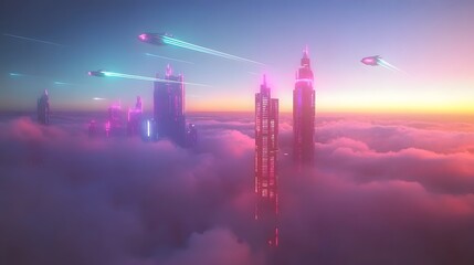 Poster - A futuristic city of translucent towers rising above a sea of neon fog, with abstract flying vehicles creating trails of light in the air. No text, no logo, wide angle shot, 4k resolution, cinematic