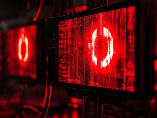Fototapete - Close up of a row of glowing red screens with a loading animation.