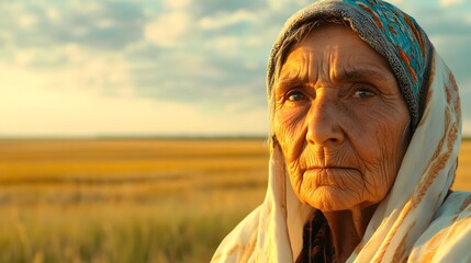 Wall Mural - A portrait of an elderly woman wearing traditional attire, her eyes reflecting wisdom and pride in her heritage, with a serene background of open fields. No text, no logo, wide angle shot, cinematic