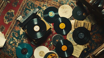 Wall Mural - A collection of classic vinyl records scattered on a vibrant patterned rug, with a vintage record player spinning a popular 80s album. No text, no logo, wide angle shot, cinematic scene, 4k resolution