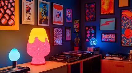 Wall Mural - A room decorated with 80s pop art posters, a lava lamp, and vinyl records on the wall, with vibrant colors and bold patterns creating a nostalgic aesthetic. No text, no logo, wide angle shot,