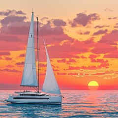 Wall Mural - Sailboat at Sunset on the Open Ocean.