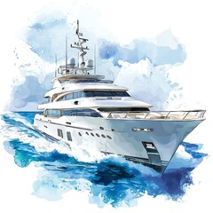 Wall Mural - Watercolor illustration of a luxury yacht sailing on the sea.