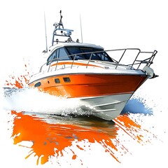 Wall Mural - Orange Powerboat Cutting Through the Water with Watercolor Splashes.