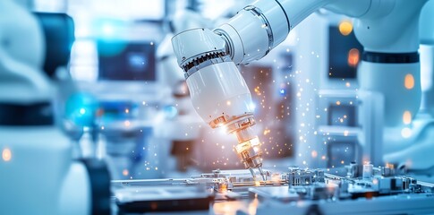 Poster - Close-up of a robotic arm with sparks flying as it works on a metal assembly line in a factory.