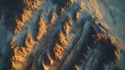 Wall Mural - Aerial view of a symmetrical desert landscape, showing parallel dunes stretching into the distance, creating beautiful patterns of sand and shadow under the sunlight. No text, no logo, wide angle