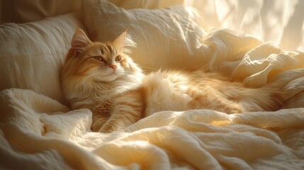 Wall Mural - soft light filtering through sheer curtains illuminates a fluffy cat lounging comfortably on a plush bed, surrounded by cozy blankets and pillows, creating a serene atmosphere