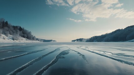 Aufkleber - Expansive view of a frozen lake with a layer of snow, with the cracks in the ice creating natural, symmetrical patterns across the surface. No text, no logo, wide angle shot, cinematic scene, 4k