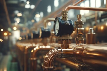 Aufkleber - Close-up of copper pipes and gauges in an industrial setting.