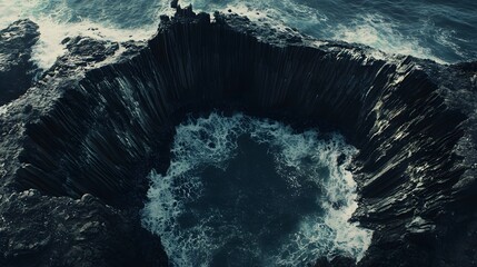 Aufkleber - Aerial view of a rugged coastline with natural rock formations creating a symmetrical, abstract pattern in the ocean waves. No text, no logo, wide angle shot, cinematic scene, 4k resolution