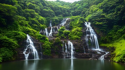 Wall Mural - Expansive view of cascading waterfalls in a lush, green landscape, with each waterfall evenly spaced and creating a harmonious natural rhythm. No text, no logo, wide angle shot, cinematic scene, 4k