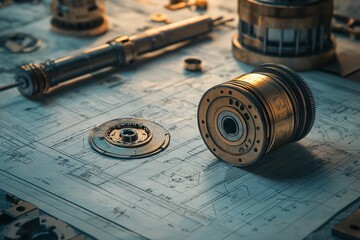 Aufkleber - Close-up of industrial parts and blueprints.