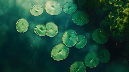 Wall Mural - Bird s-eye view of a lake with floating lily pads arranged in symmetrical patterns, adding vibrant green to the water's still surface. No text, no logo, wide angle shot, cinematic scene, 4k resolution