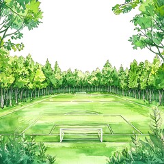 Sticker - Watercolor Illustration of a Soccer Field Surrounded by Trees.