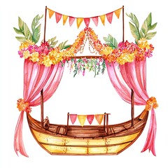 Wall Mural - Watercolor Illustration of a Floral Decorated Boat for Wedding or Event.