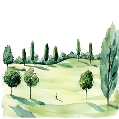 Sticker - Watercolor Painting of a Lone Golfer on a Green Grassy Field.