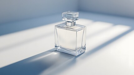 Wall Mural - A smooth white surface with an elegant perfume bottle, casting a delicate shadow in a minimalist product photography style. No text, no logo, wide angle shot, cinematic scene, 4k resolution