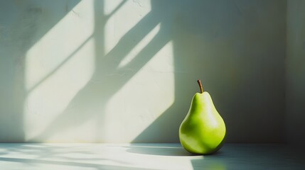 Aufkleber - A clean surface with a single green pear and soft lighting that accentuates its natural shape, embodying elegant minimalism. No text, no logo, wide angle shot, cinematic scene, 4k resolution