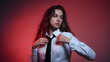 © Anusa - Young Woman with Long Wavy Brown Hair in Studio Lighting