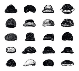 Wall Mural - fur hats hand-drawn linocut vector set on white background with textured design winter wear art vint