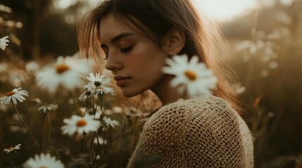 Wall Mural - Happy woman smelling daisies surrounded by flowers, in a blurred field under soft daylight