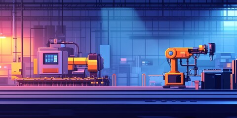 Poster - Industrial robotic arm and machinery in a factory,  with lights shining on the machines.