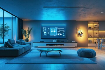 Aufkleber - This living room showcases sleek furniture and cutting-edge smart lighting, creating an inviting atmosphere for relaxing or entertaining. Generative AI