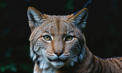 Wall Mural - a lynx stares intensely at the camera, its brown fur blending into the dark background