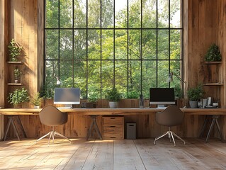 Aufkleber - Modern minimalist office interior with wooden floor and large windows overlooking green nature.