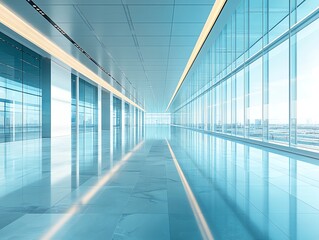 Poster - Modern office hallway with large windows, bright and spacious.