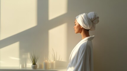 Aufkleber - Young woman is taking a moment for herself, enjoying the peace and quiet of a spa day. The sunlight streaming through the window creates a relaxing atmosphere