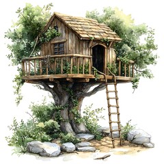 Wall Mural - Watercolor illustration of a wooden treehouse with a rope ladder.