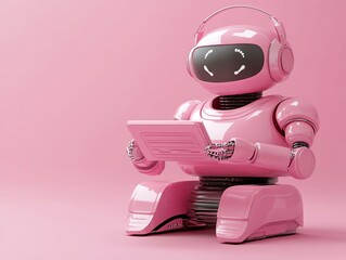 Aufkleber - Pink robot wearing headphones uses a laptop computer.