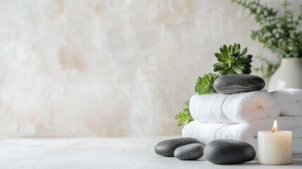 Aufkleber - Composition of spa treatment, with towels, hot stones and candle burning, creating a relaxing atmosphere for wellness and body care