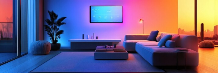 Poster - A stylish living room showcases ambient smart lighting, touch panels, and a serene view, creating a cozy, modern atmosphere at sunset. Generative AI