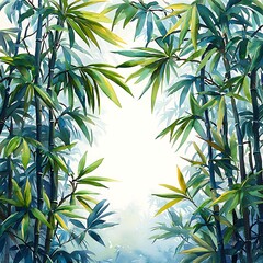 Sticker - Watercolor Painting of a Bamboo Forest with a Light-Filled Opening.