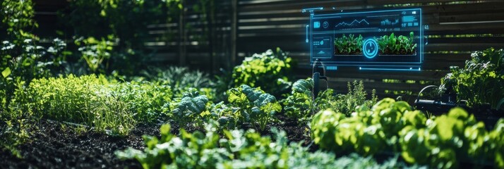 Aufkleber - The smart garden showcases a variety of healthy plants with advanced technology, including soil sensors and automated sprinklers for care. Generative AI