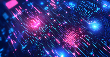 Fototapete - A digital abstract background with glowing blue and purple connections forms the shape of an AI brain on a dark gradient, ideal for tech presentations and social network banners.