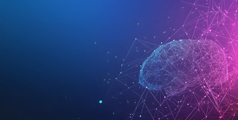 Fototapete - A digital abstract background with glowing blue and purple connections forms the shape of an AI brain on a dark gradient, ideal for tech presentations and social network banners.