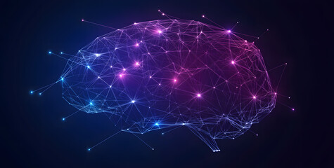 Fototapete - A digital abstract background with glowing blue and purple connections forms the shape of an AI brain on a dark gradient, ideal for tech presentations and social network banners.